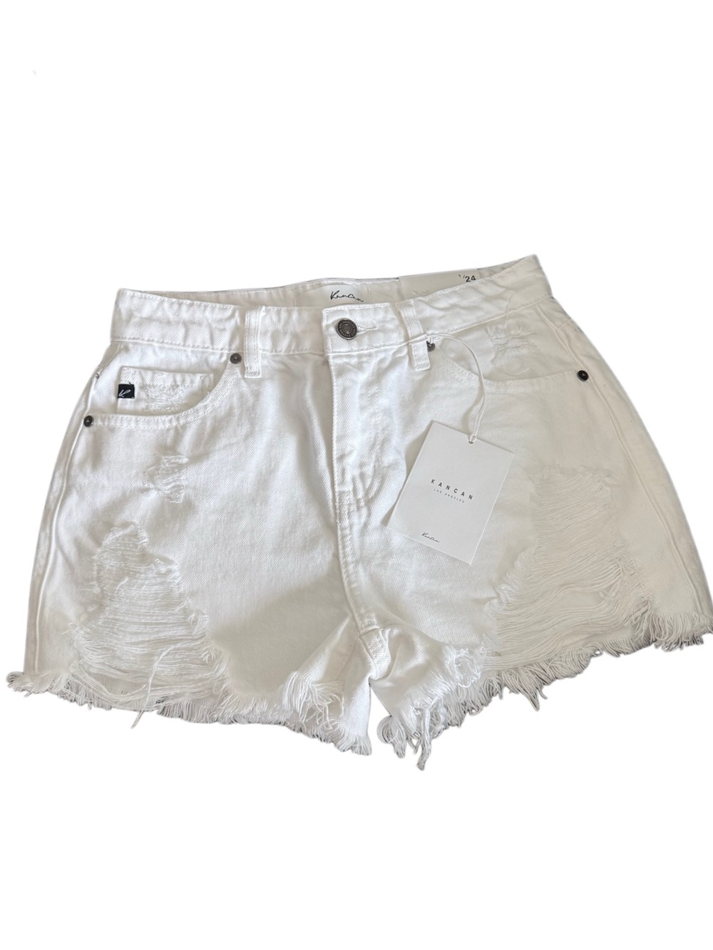 KANCAN Beach Summer White Distressed High Rise Stretch Denim Shorts